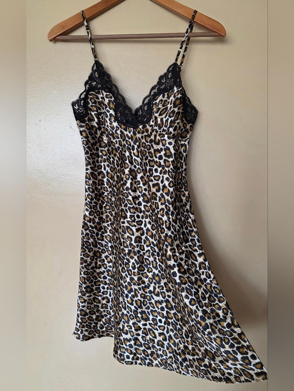 Leopard Print Satin Chemise Slip Dress S Sultry Lace Trim Nightgown Y2K Mob Wife